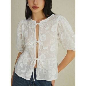 Commense Jacquard White Lace Puff Sleeve Blouse Tie-Front Summer Top M‎